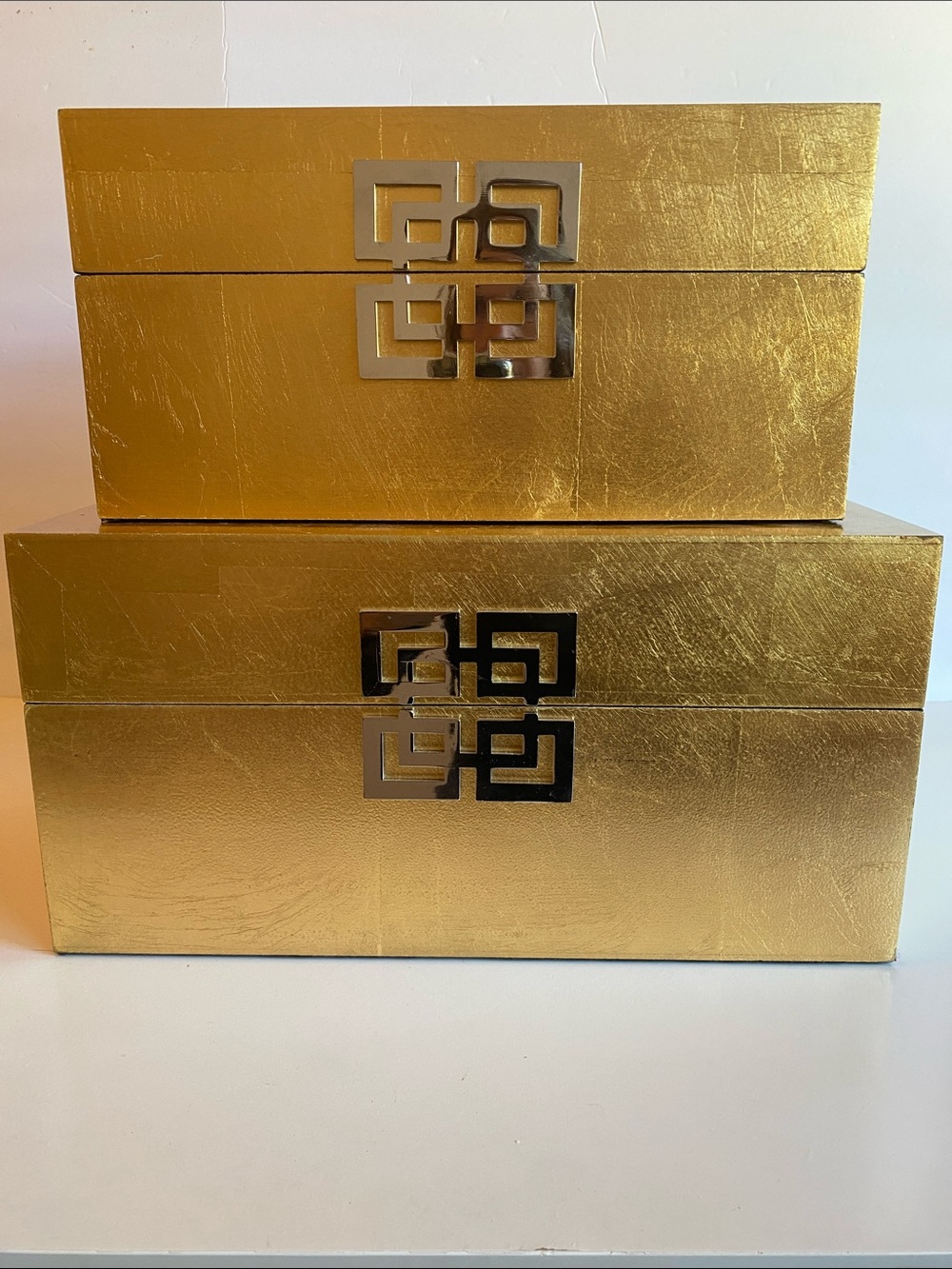 Gold Leaf Gold  and Silver Decorative Hinged Lid Wooden Storage Boxes Set